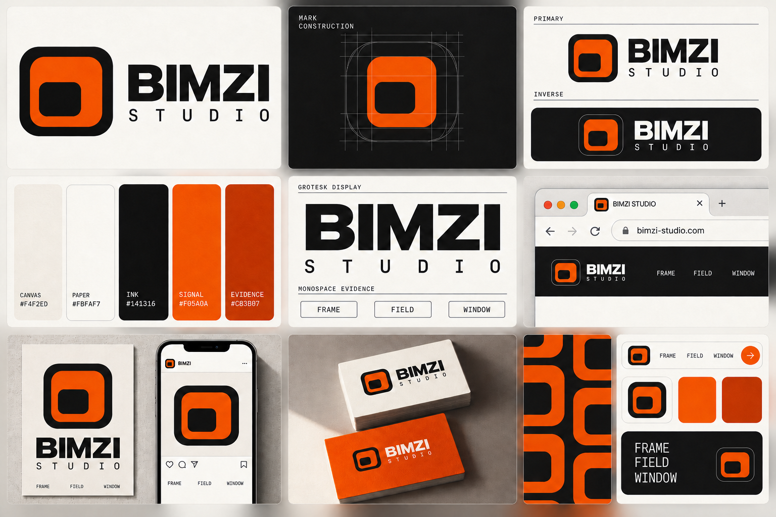 BIMZI Studio brand kit board showing the logo, construction, palette, typography, browser, social and stationery applications