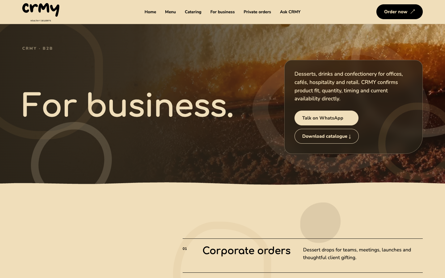 CRMY business page combining dessert photography with corporate ordering information.