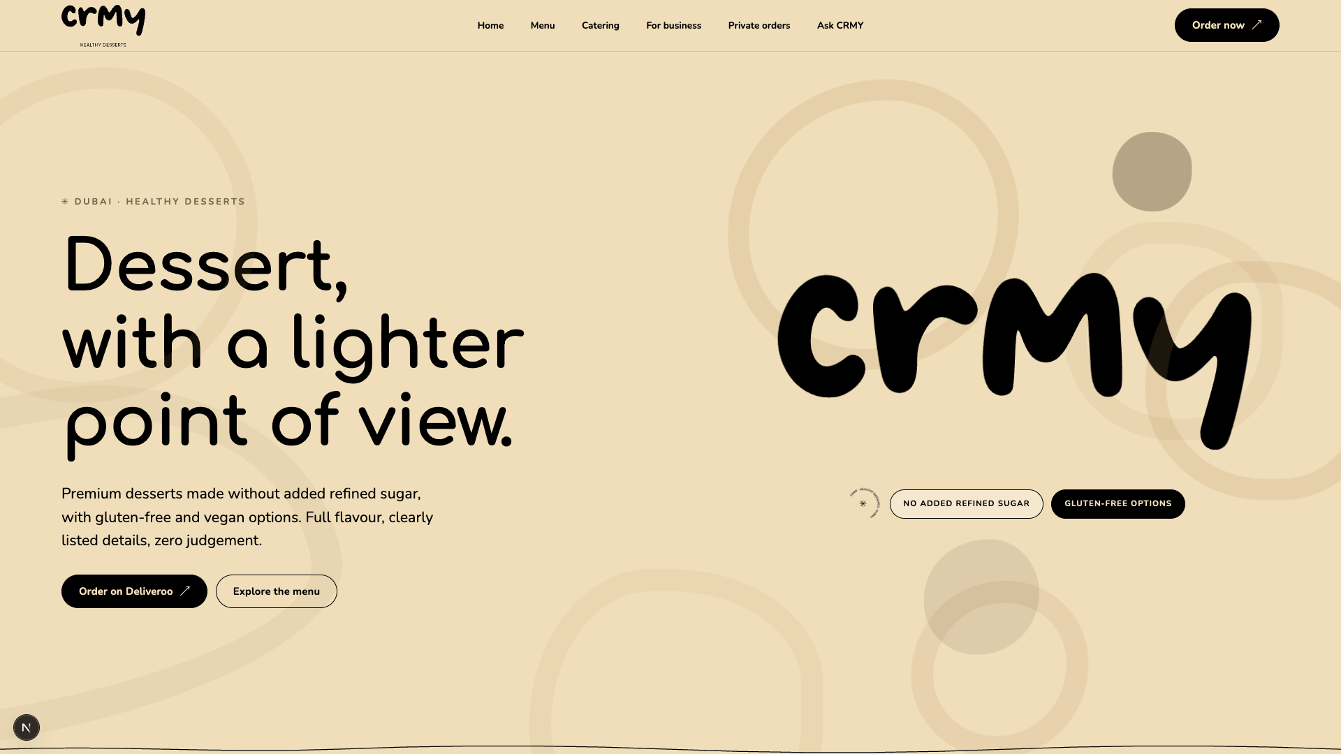 CRMY live homepage presenting healthy desserts with a warm cream editorial design.