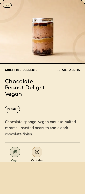 CRMY mobile menu showing product facts and dietary seals in a single-column layout.