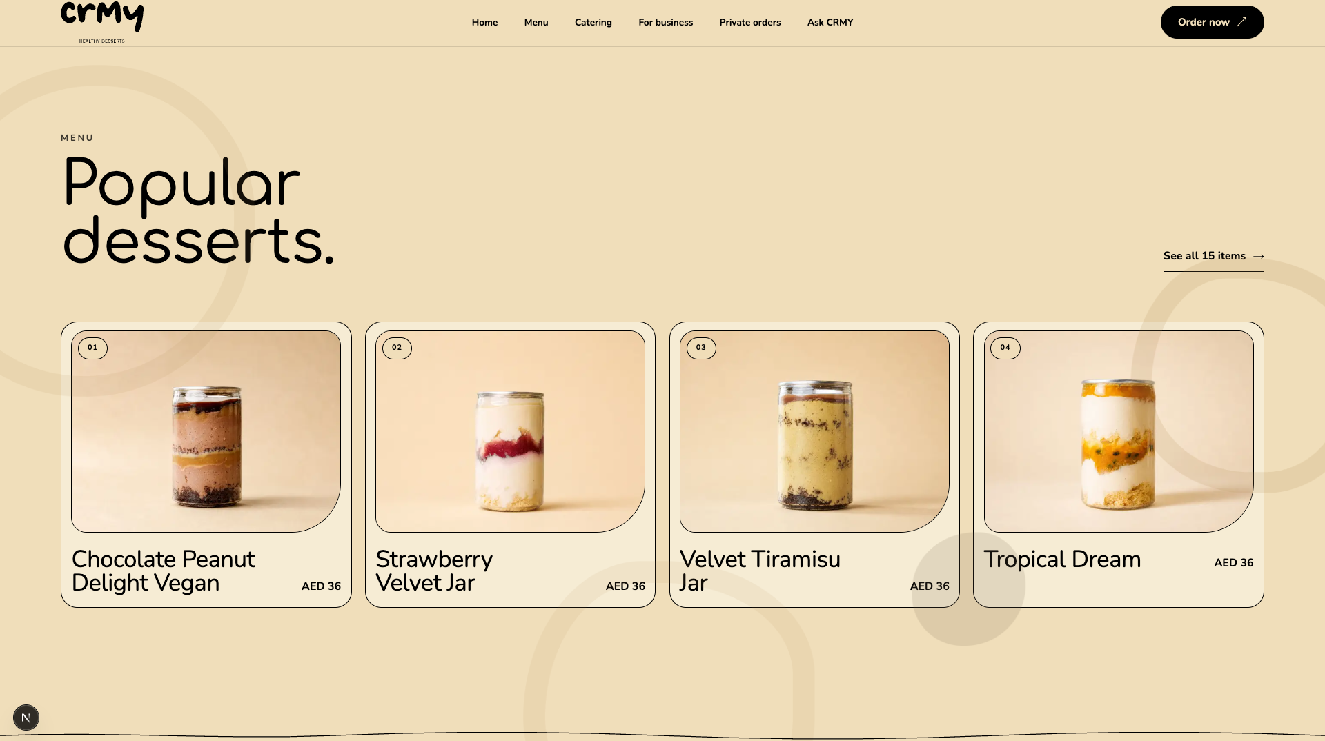 CRMY popular-desserts section showing product cards and current catalogue choices.