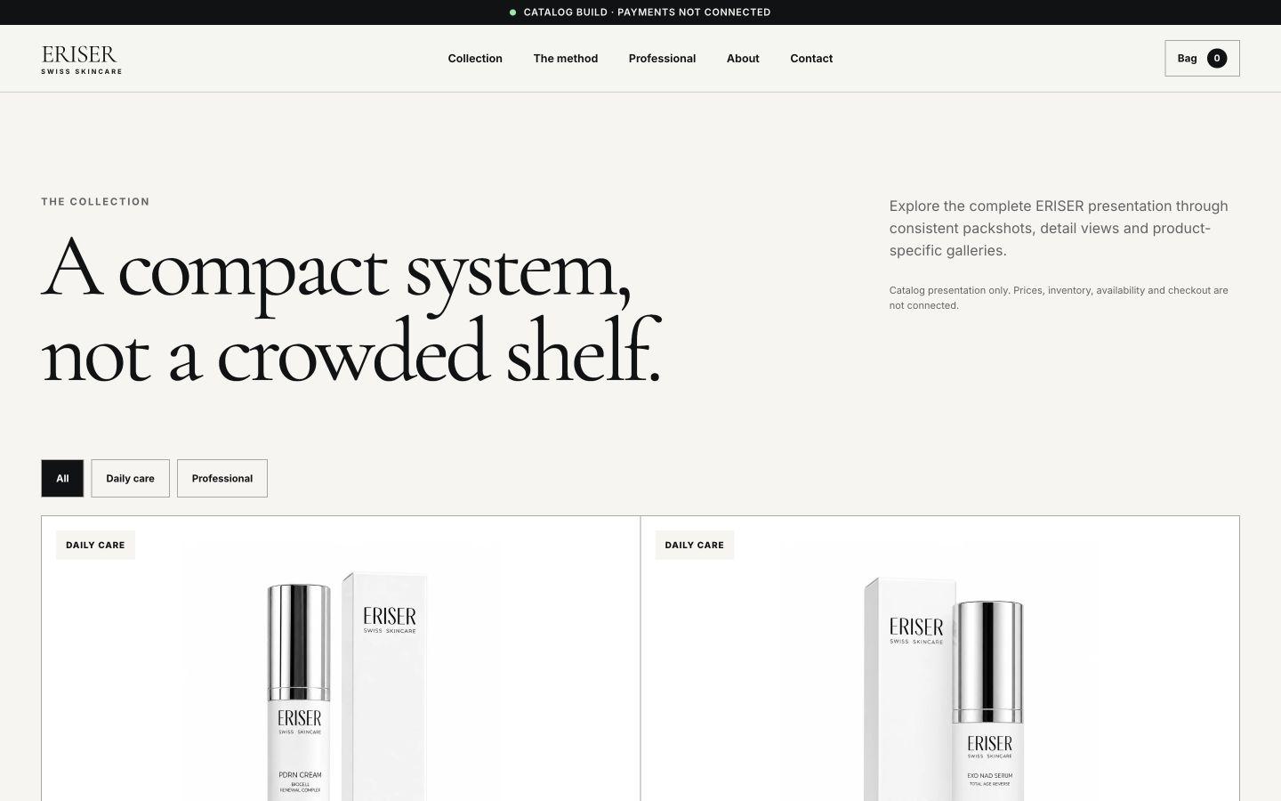 ERISER catalogue page with collection filters and a two-column skincare product grid.