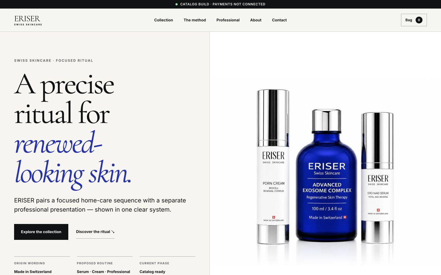 ERISER client-preview homepage with a precise ritual headline and three skincare products.