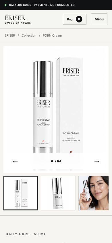 ERISER mobile PDRN Cream page with product gallery, thumbnails and approval-aware product information.