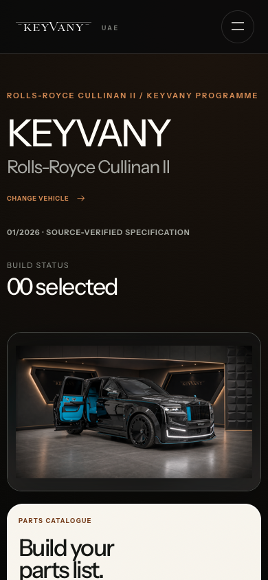 KEYVANY UAE mobile configurator for a Rolls-Royce Cullinan body programme.