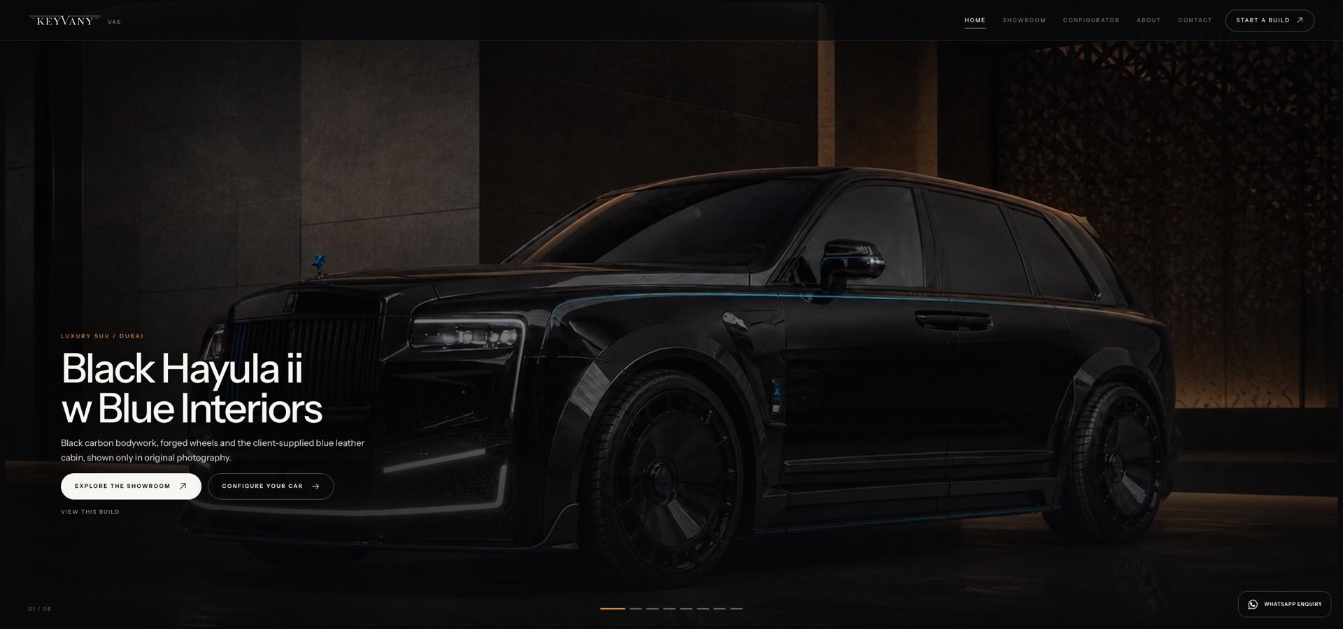 KEYVANY UAE live homepage featuring a photographed Rolls-Royce Cullinan complete build.