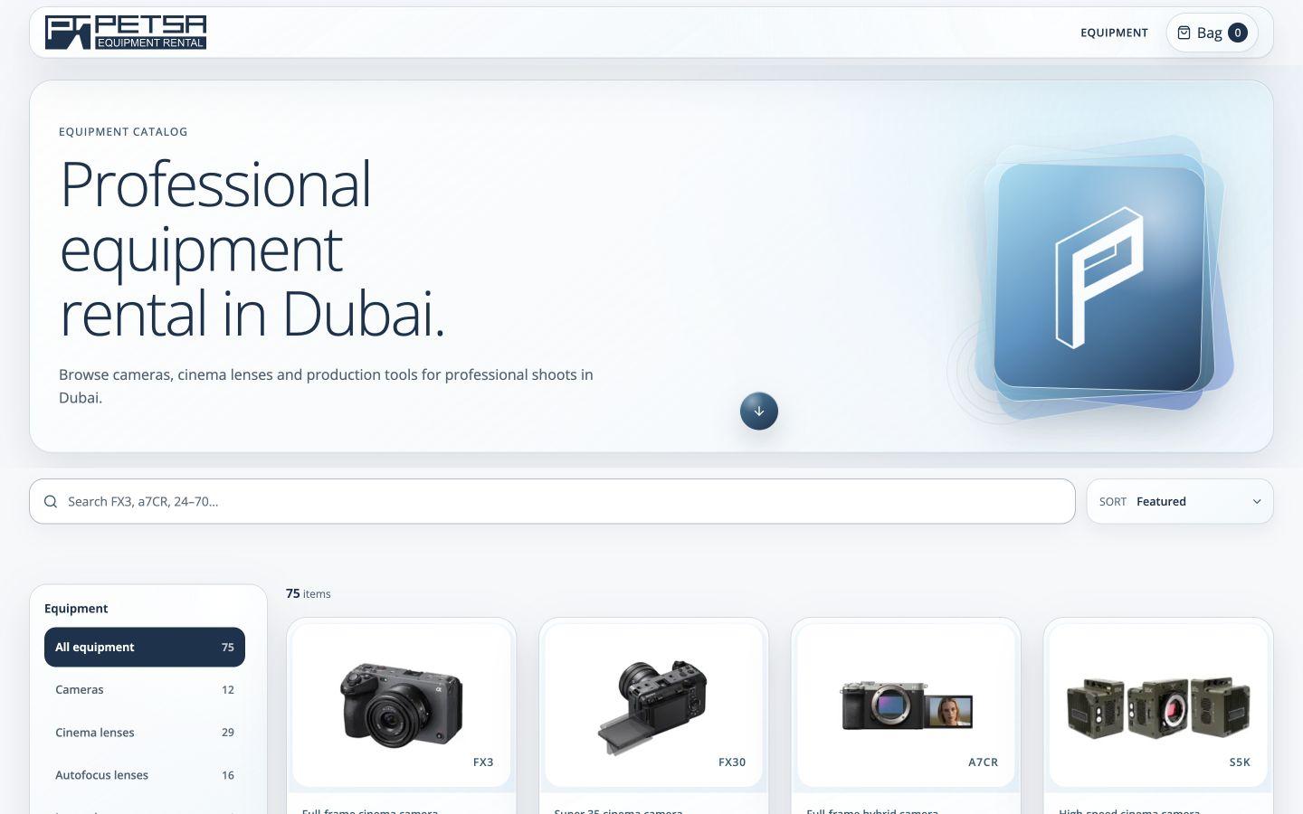 Petsa Equipment Rental catalogue with a search field, sort control, category navigation and camera cards.
