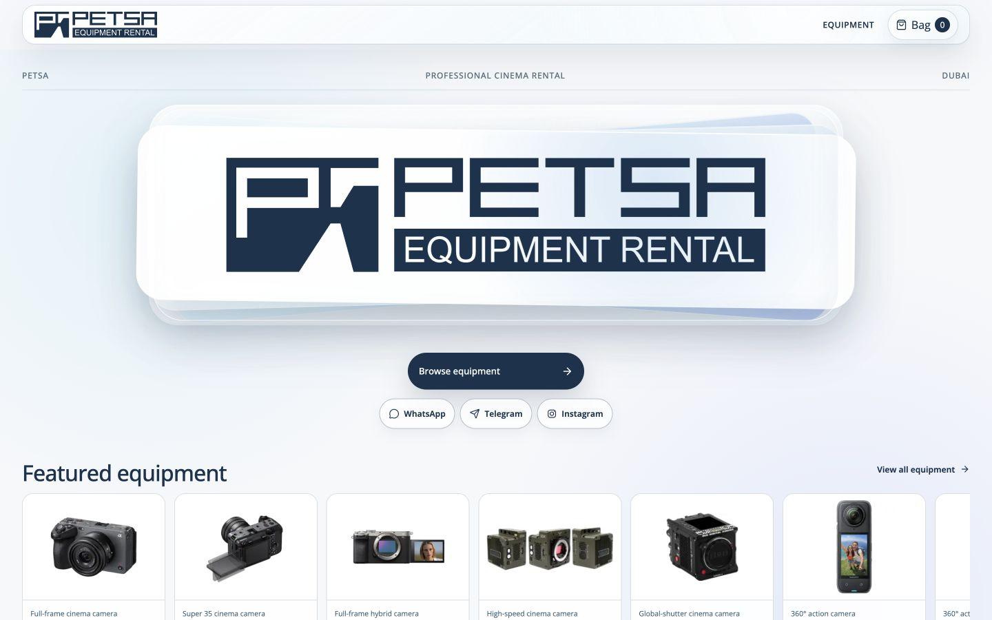 Petsa Equipment Rental live homepage with a layered translucent logo object, equipment action and featured camera catalogue.