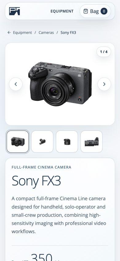 Petsa mobile Sony FX3 page with image gallery thumbnails and the start of the rental information panel.