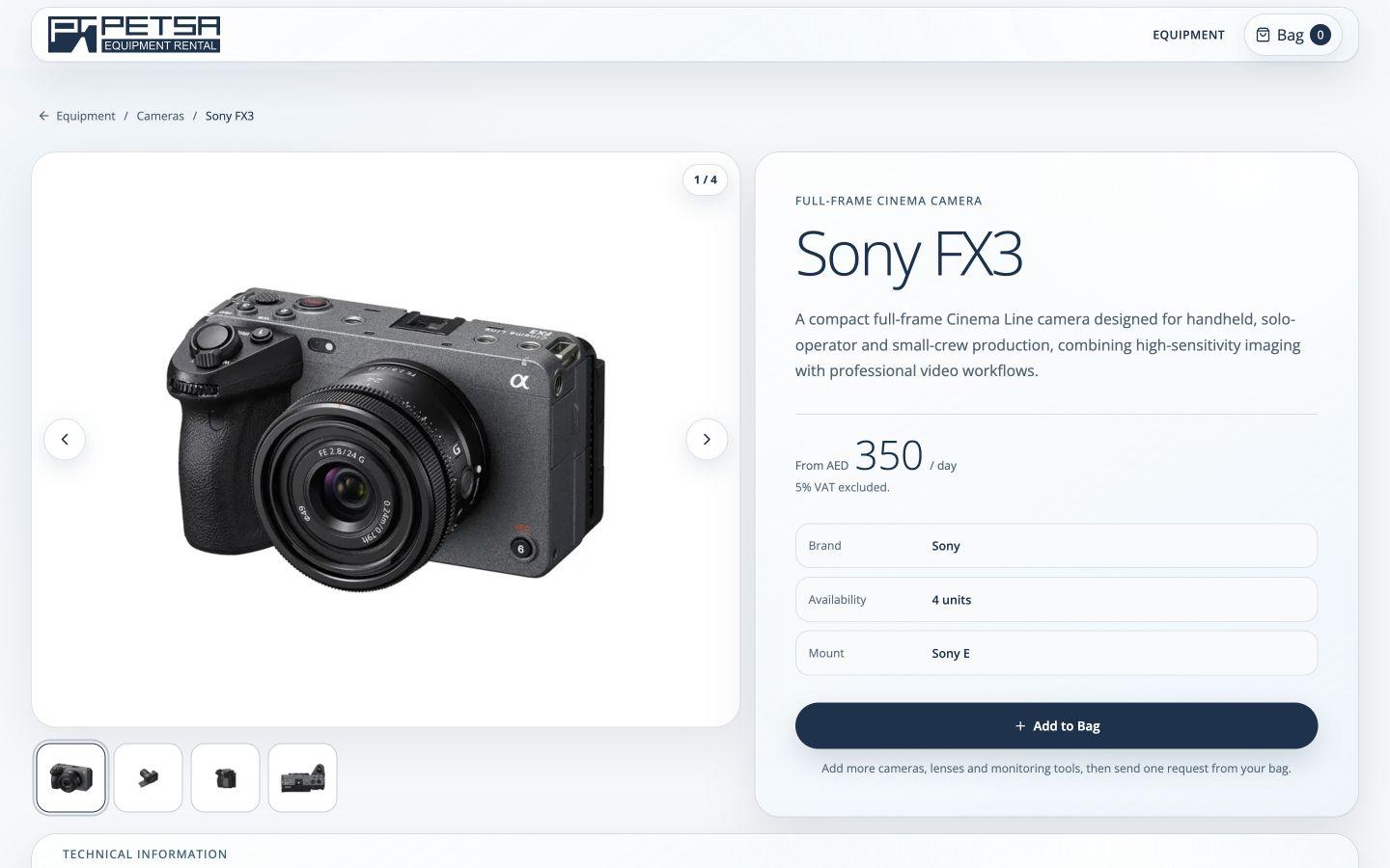 Petsa desktop equipment page showing a Sony FX3 gallery, rental information, specifications and add-to-bag action.