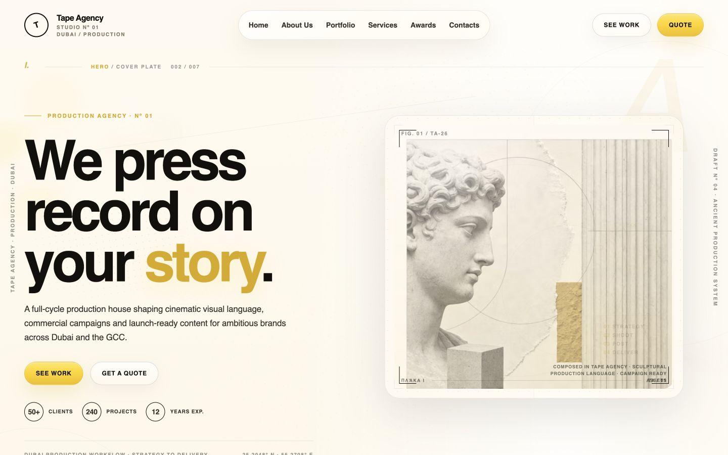 Tape Agency live homepage with the headline We press record on your story and a Hellenic production plate.