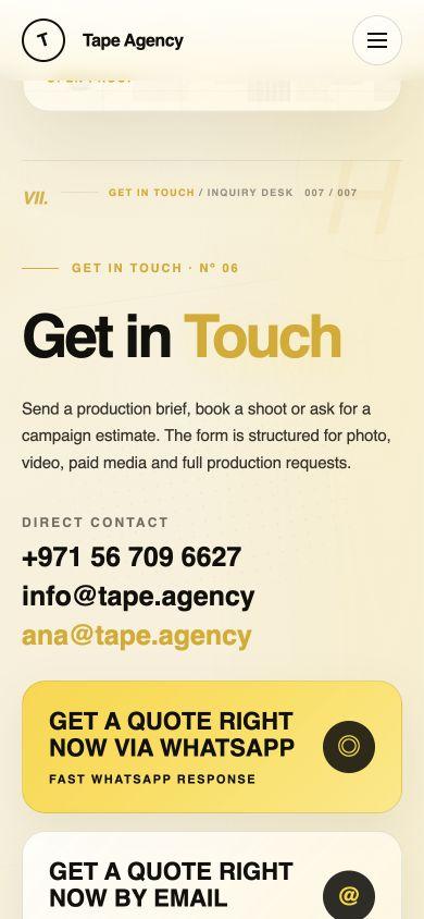 Tape Agency mobile contact section with production inquiry copy and direct WhatsApp and email actions.