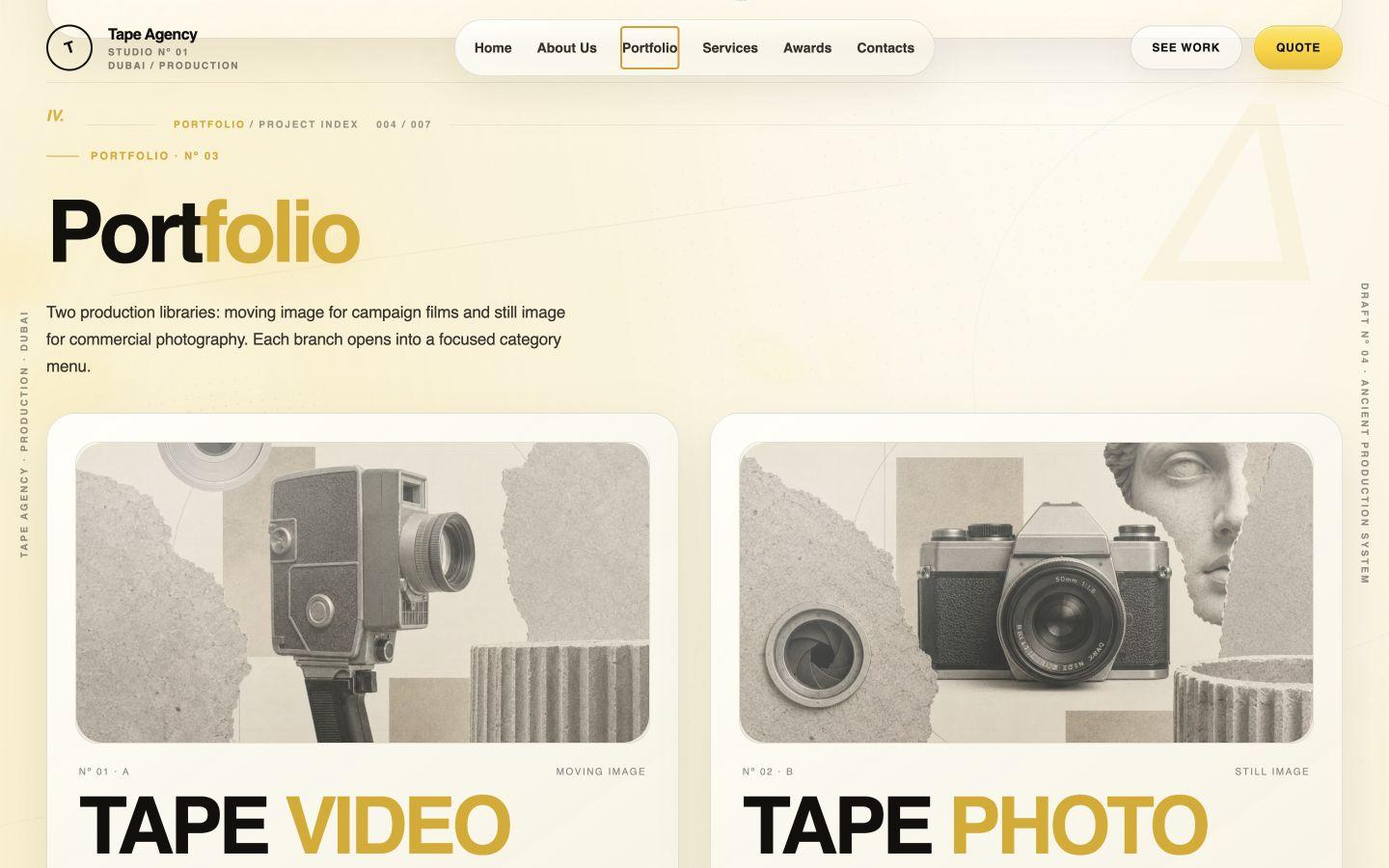Tape Agency portfolio section with distinct Tape Video and Tape Photo branches.