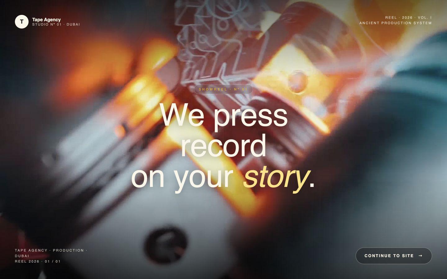 Tape Agency full-screen showreel opening with a cinematic video still and continue-to-site action.