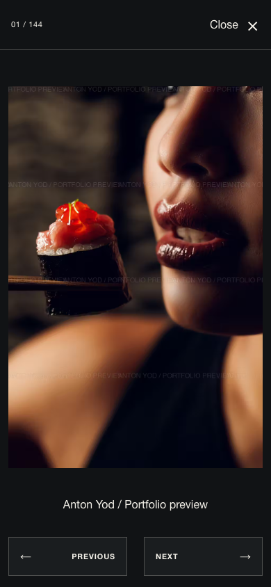 YODPHOTO mobile lightbox showing a food photograph, image count, close control and previous and next controls.