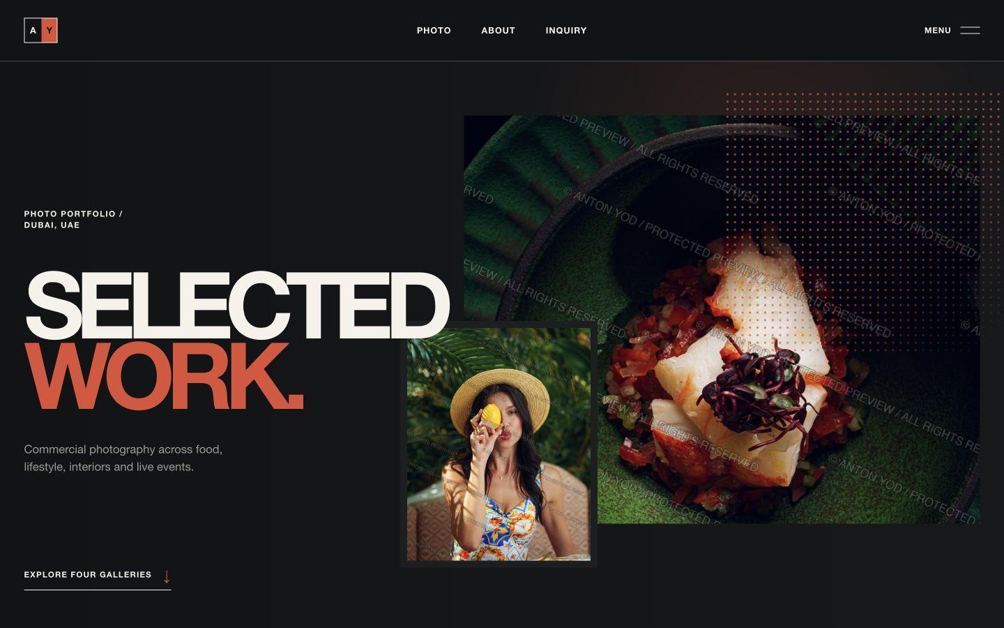 YODPHOTO selected work page showing the four-gallery portfolio entry in a dark editorial layout.